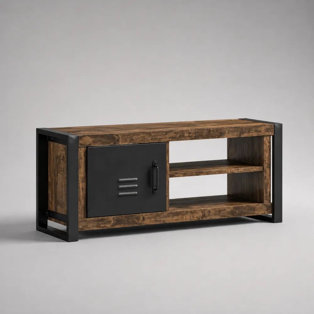 Mobile porta televisore basso rettangolare in legno e acciaio, marrone e nero, 120 x 30 x 50 cm