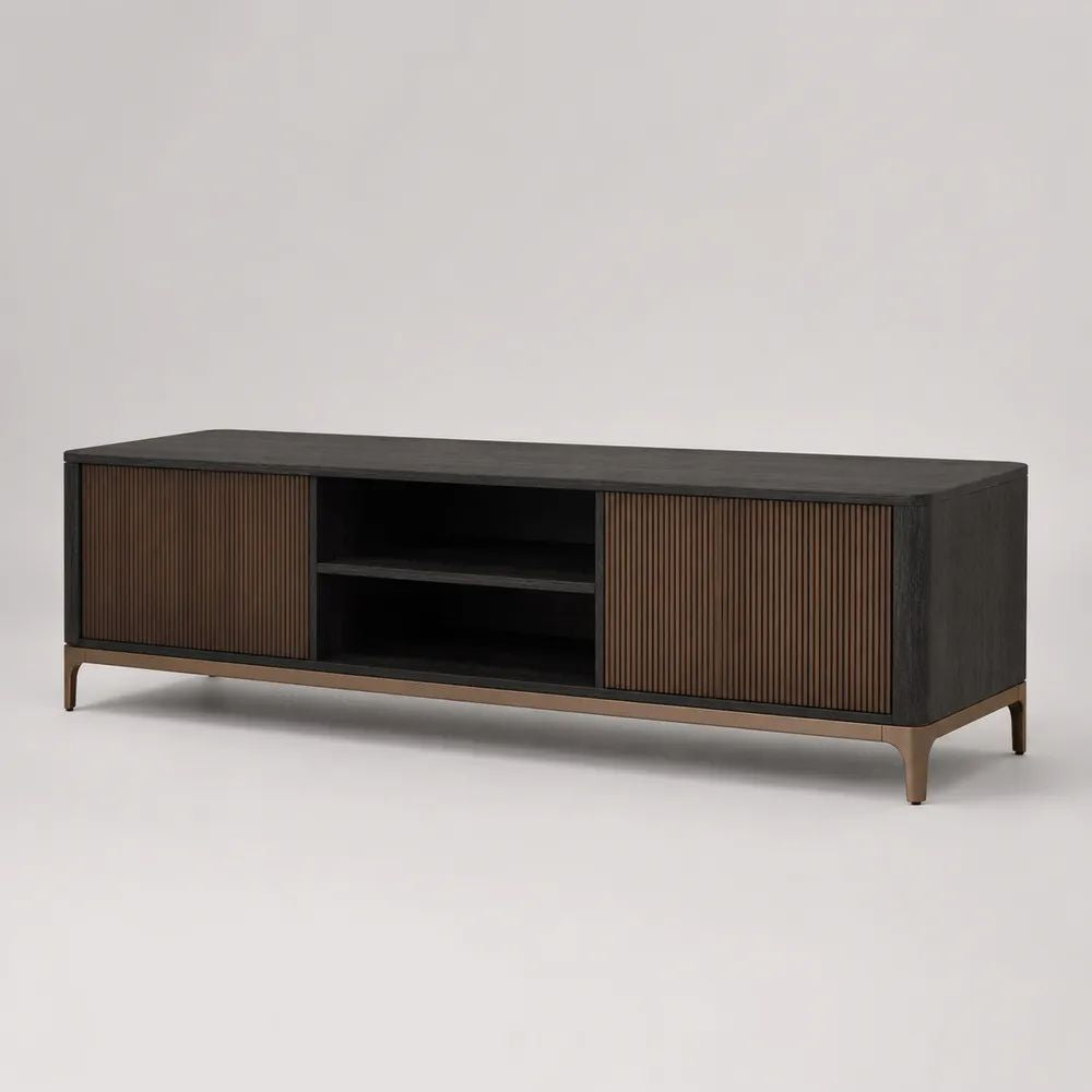 Mobile TV basso rettangolare in MDF con 2 ante scanalate, 2 vani aperti, nero, marrone noce e bronzo, 160 x 40 x 58 cm