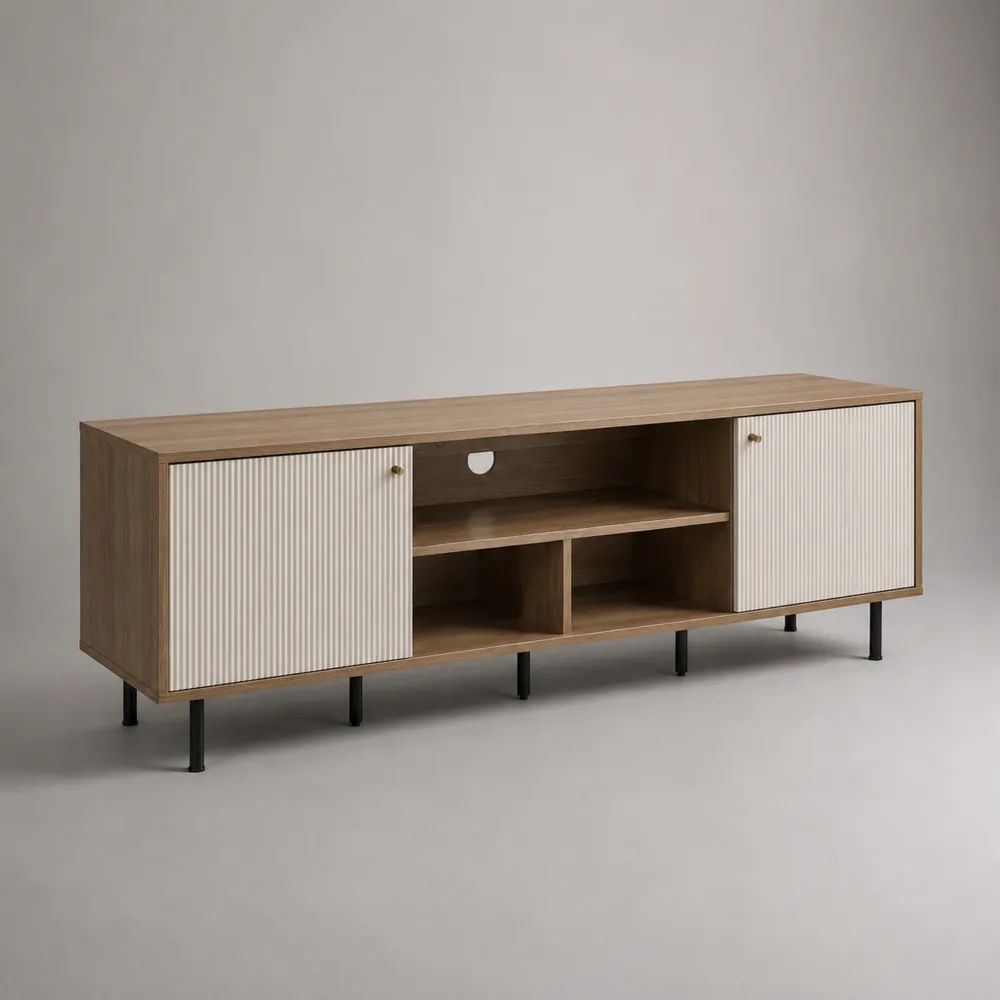 Mobile porta TV rettangolare in legno con 2 ante e 3 vani aperti, rovere naturale, bianco e nero, 180 × 40 × 70 cm