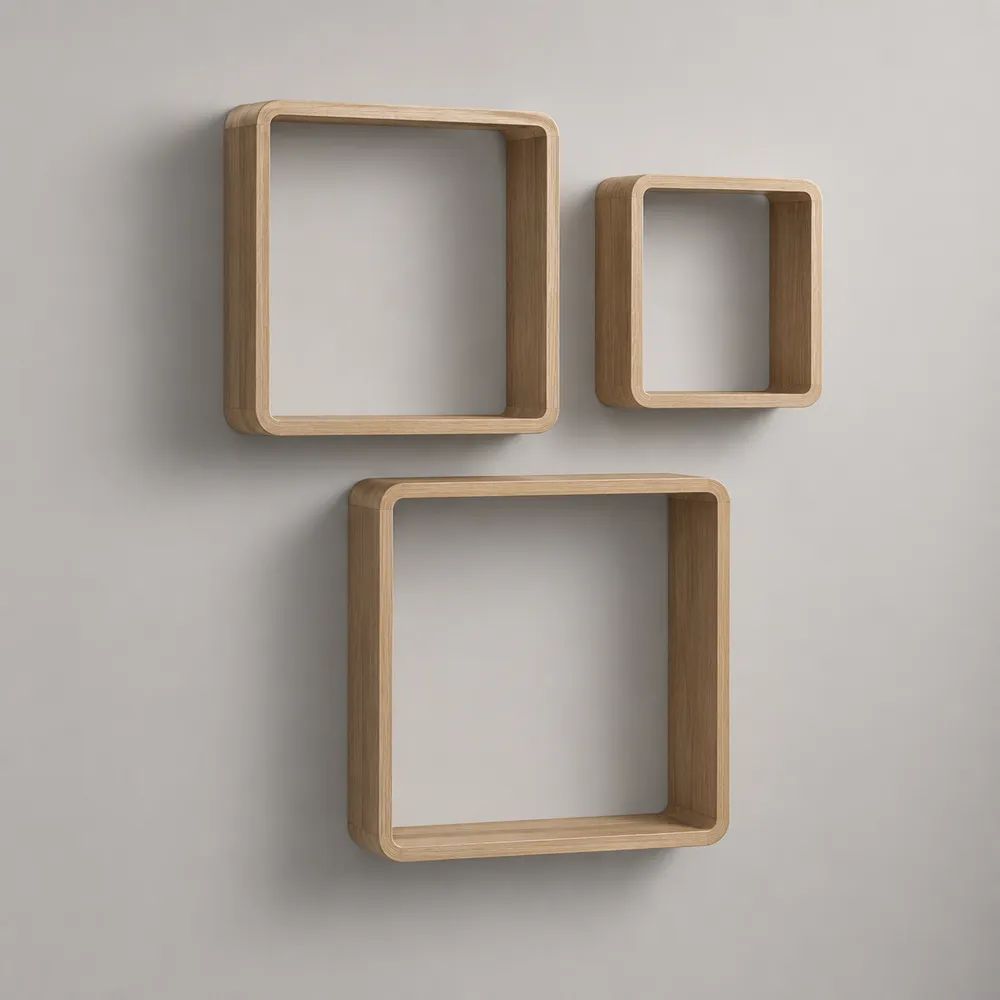 Set di 3 mensole da parete rettangolari in multistrato impiallacciato rovere naturale, 60 × 15 × 45 cm, 45 × 15 × 60 cm e 32 × 15 × 32 cm