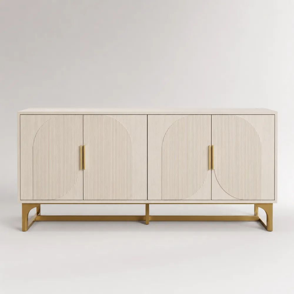 Credenza buffet rettangolare a 4 ante in MDF impiallacciato frassino beige chiaro e oro, 160 x 40 x 80 cm