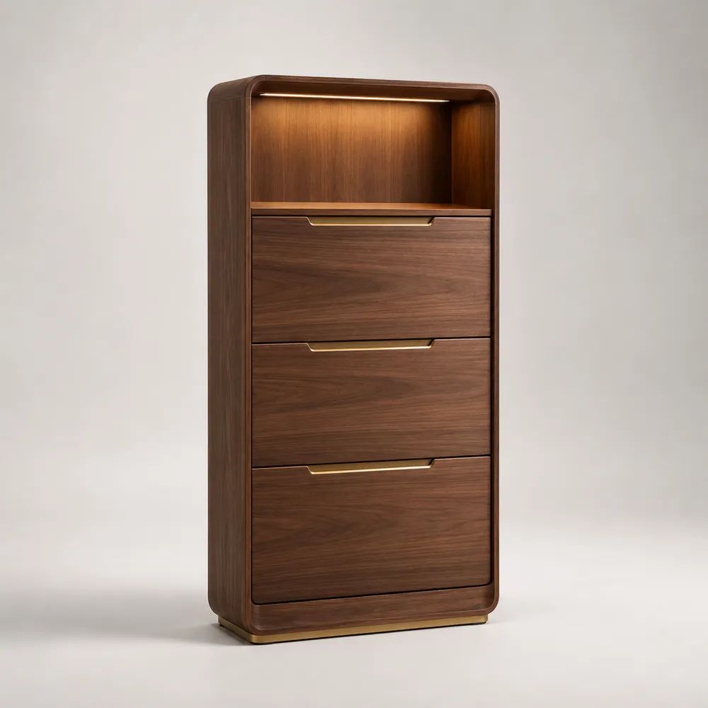 Mobile contenitore alto in legno con 3 ante a ribalta, vano aperto e luce LED integrata, marrone noce e ottone, 80 x 35 x 160 cm