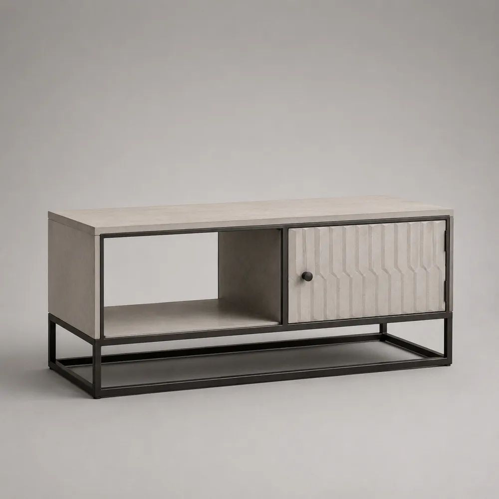 Mobile basso porta televisore rettangolare in MDF melaminico e acciaio con anta e ripiani, grigio chiaro e nero, 120 x 40 x 55 cm