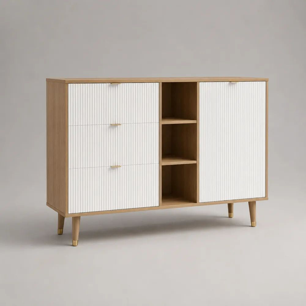 Credenza in MDF e truciolare bianca e rovere naturale, con 3 cassetti, 1 anta e 3 vani, 120 x 40 x 85 cm