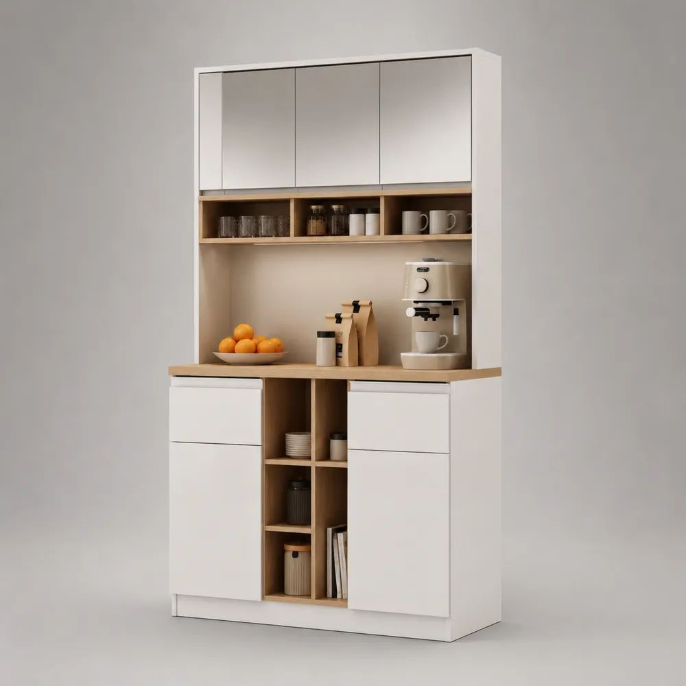 Mobile dispensa da cucina in legno bianco e rovere naturale con 7 ante, 3 specchi, piano di lavoro e vani aperti, 100 x 40 x 180 cm