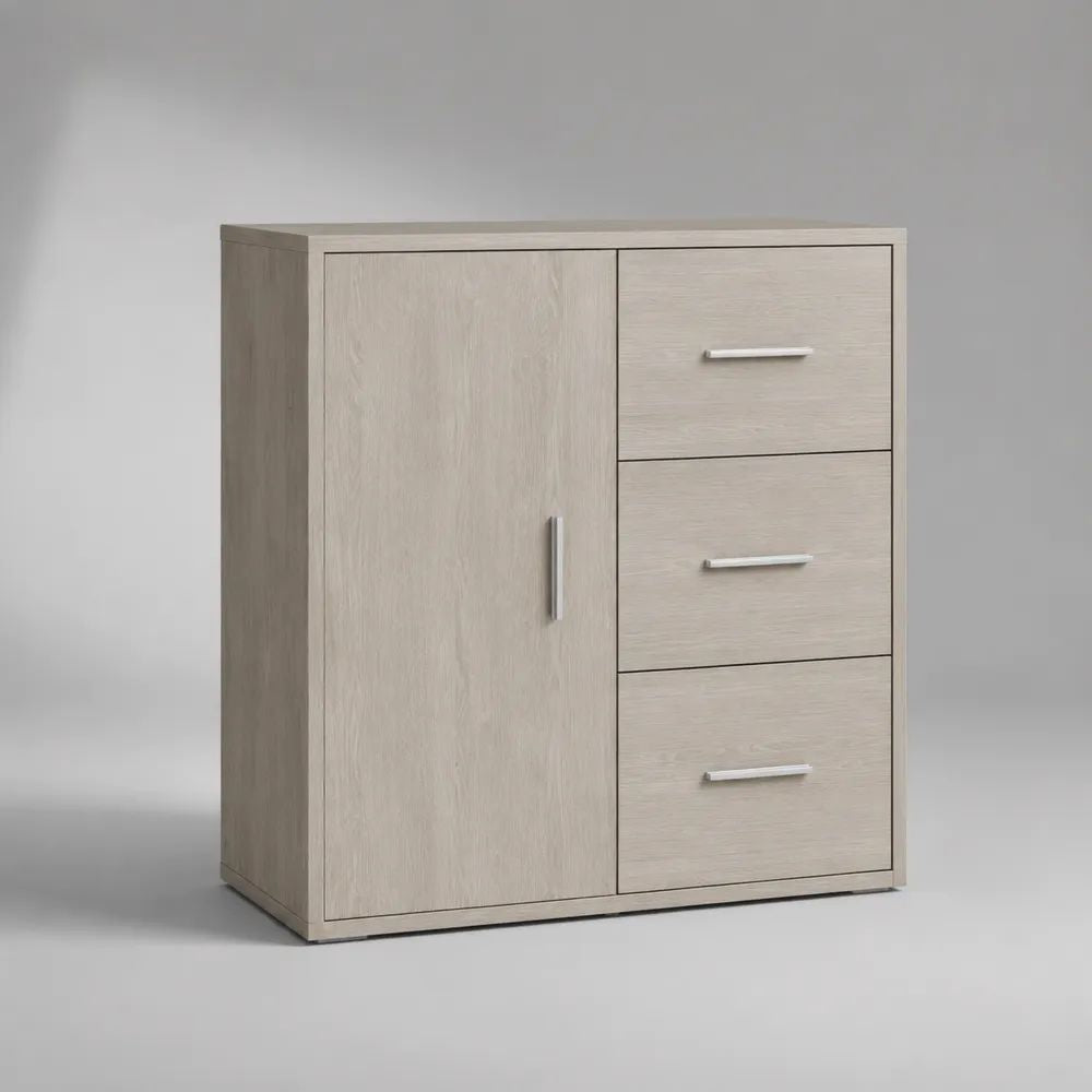 Credenza rettangolare in pannello truciolare melaminico rovere chiaro con 1 anta e 3 cassetti, 80 × 40 × 90 cm