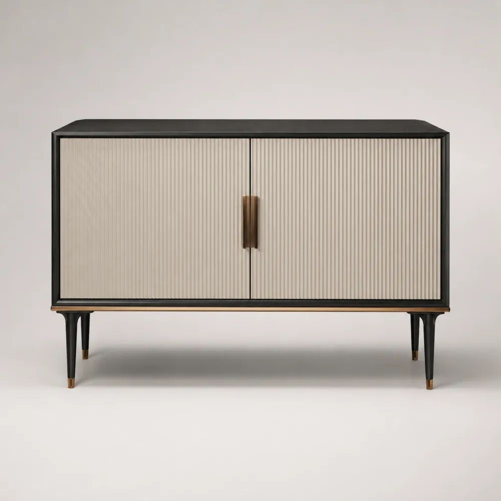 Credenza rettangolare a 2 ante in MDF e acciaio, beige, nero e ottone, 120 × 40 × 80 cm