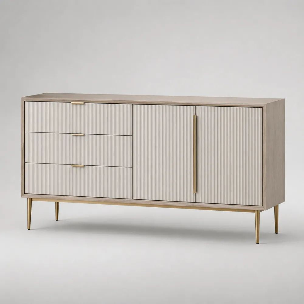 Credenza rettangolare in MDF beige e rovere chiaro con dettagli oro, 3 cassetti e 2 ante, 160 x 40 x 80 cm