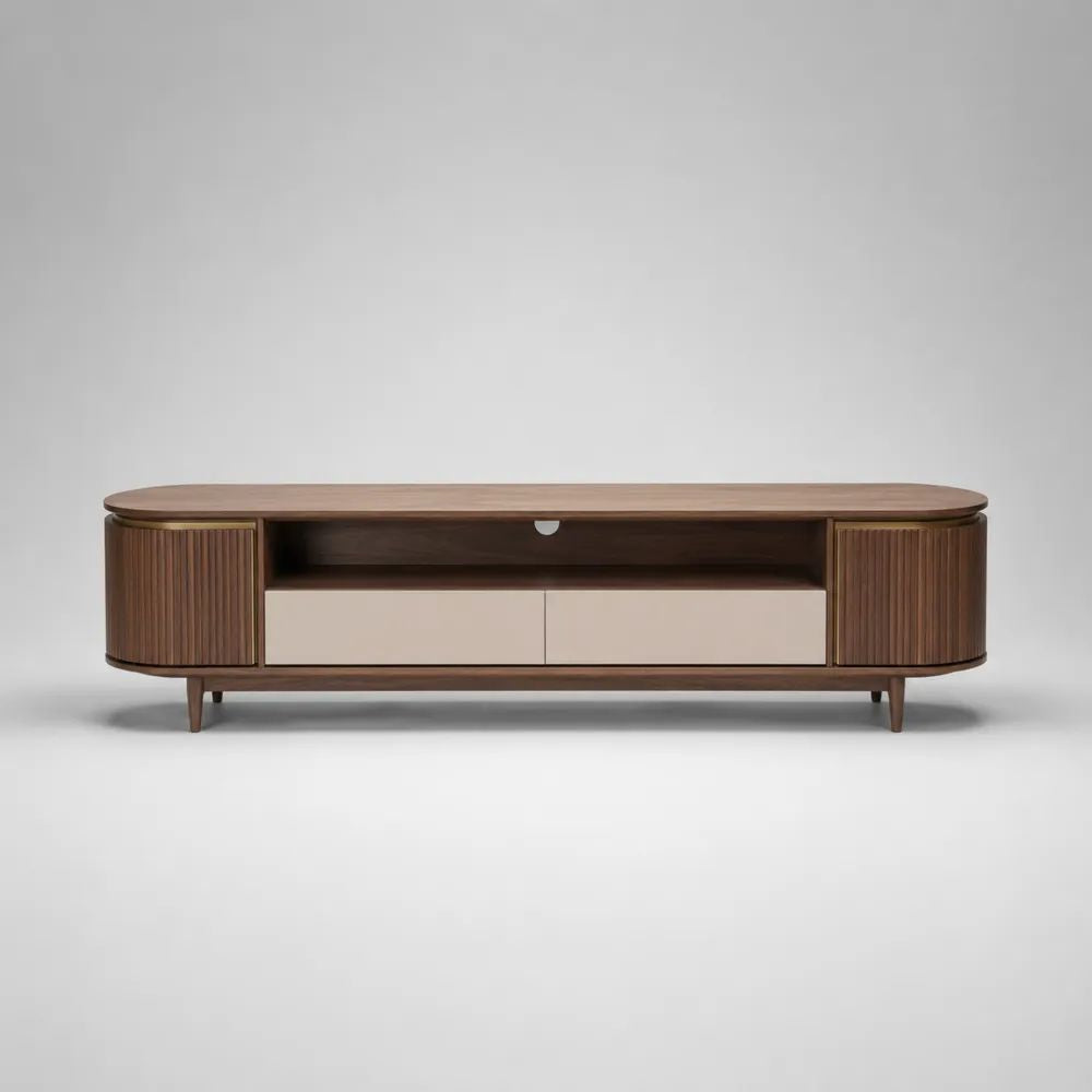 Mobile porta TV in MDF impiallacciato marrone noce e beige con 2 cassetti e 2 ante scanalate, 180 x 40 x 55 cm
