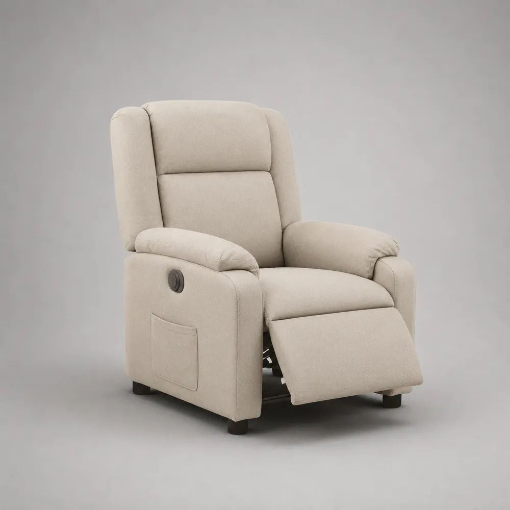 Poltrona reclinabile manuale in poliestere beige con schienale alto e poggiapiedi, 76 × 92 × 103 cm