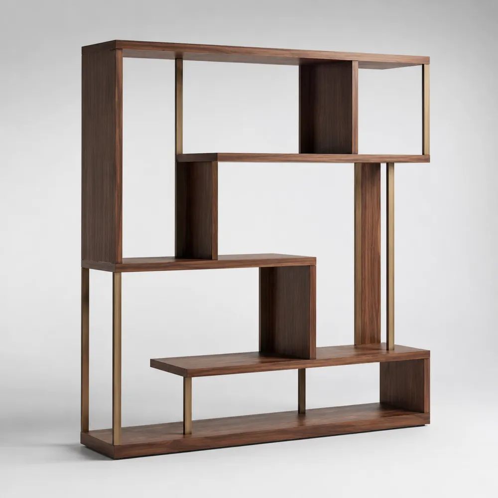 Libreria a giorno asimmetrica in MDF impiallacciato noce e acciaio color ottone, 160 x 30 x 180 cm