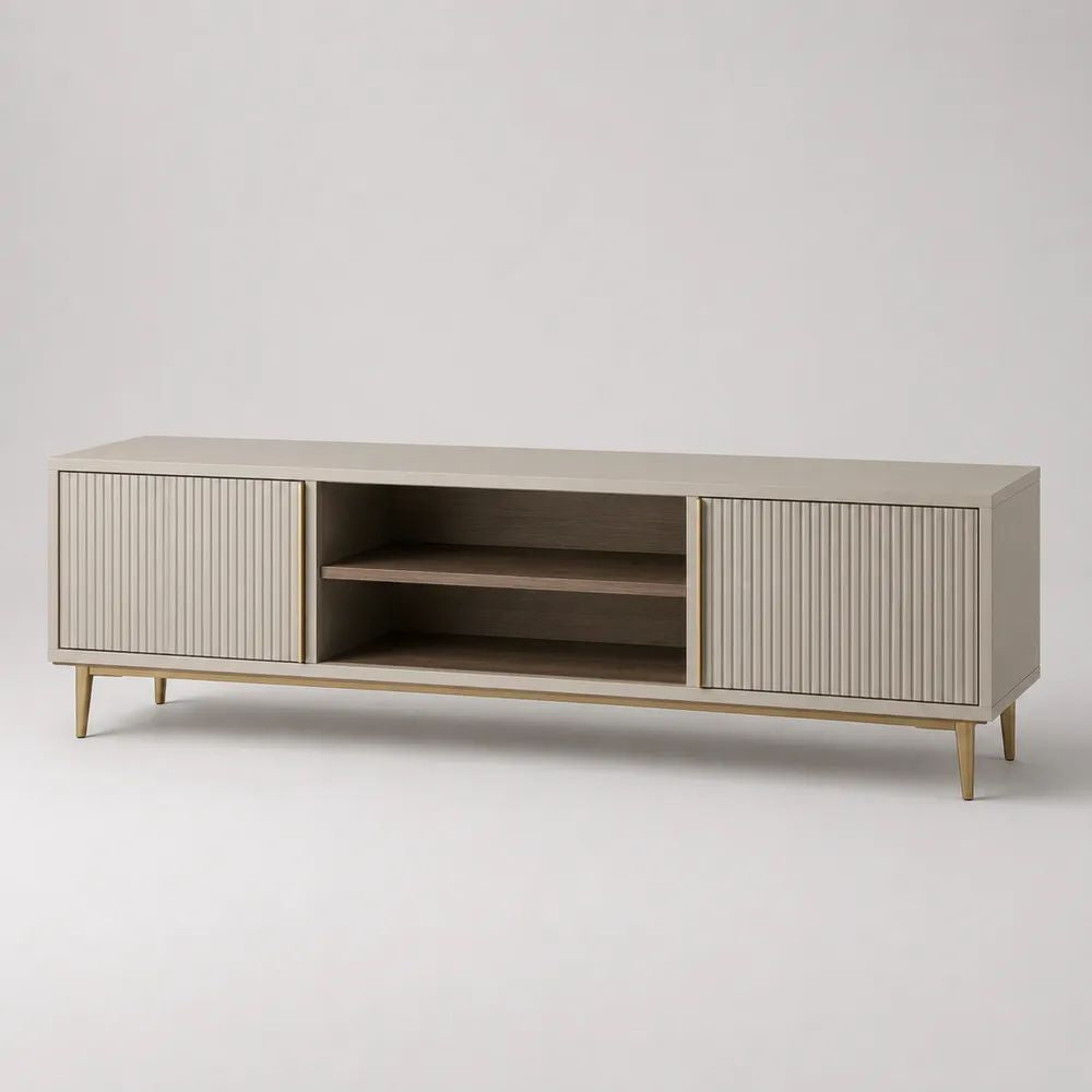 Mobile porta TV basso rettangolare in MDF laminato e acciaio, tortora e oro, 180 x 40 x 60 cm