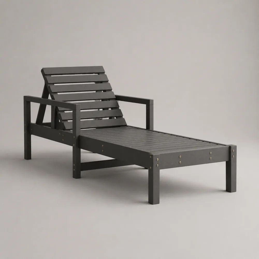 Lettino prendisole reclinabile da esterno con braccioli in legno massello di acacia, grigio antracite, 195 x 68 x 85 cm