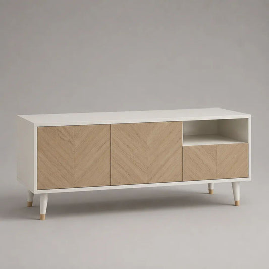 Mobile TV in legno con 2 ante, 1 cassetto e vano aperto, bianco e rovere naturale, 150 x 40 x 75 cm