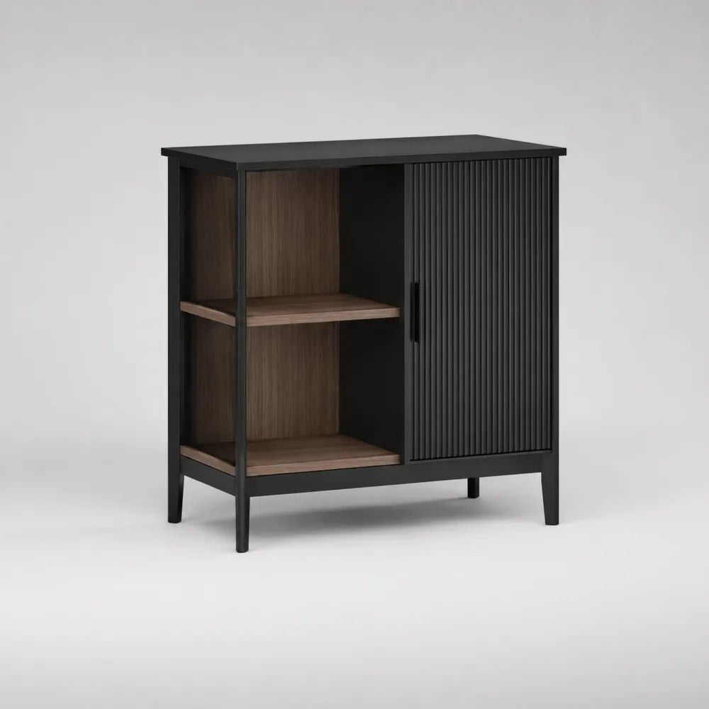 Credenza rettangolare in legno e acciaio Nero/Noce, 80 × 40 × 90 cm, con anta scanalata e 2 vani aperti