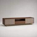 Mobile TV rettangolare in legno con 2 ante scanalate, cassetto, vano aperto e base in acciaio, Marrone noce/Beige/Ottone, 180 x 40 x 55 cm