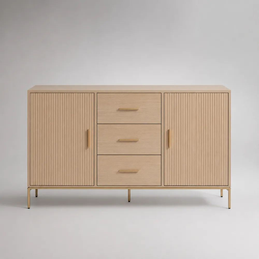Madia credenza in MDF impiallacciato in rovere con 2 ante scanalate e 3 cassetti, rovere chiaro e oro, 150 × 40 × 85 cm