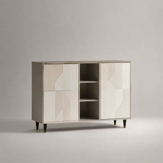 Credenza rettangolare beige in legno con 4 ante e 3 vani aperti, 140 x 40 x 90 cm