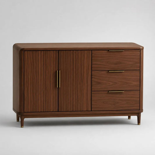 Madia credenza rettangolare in MDF impiallacciato noce con 2 ante e 3 cassetti, marrone noce e oro, 140 x 40 x 85 cm