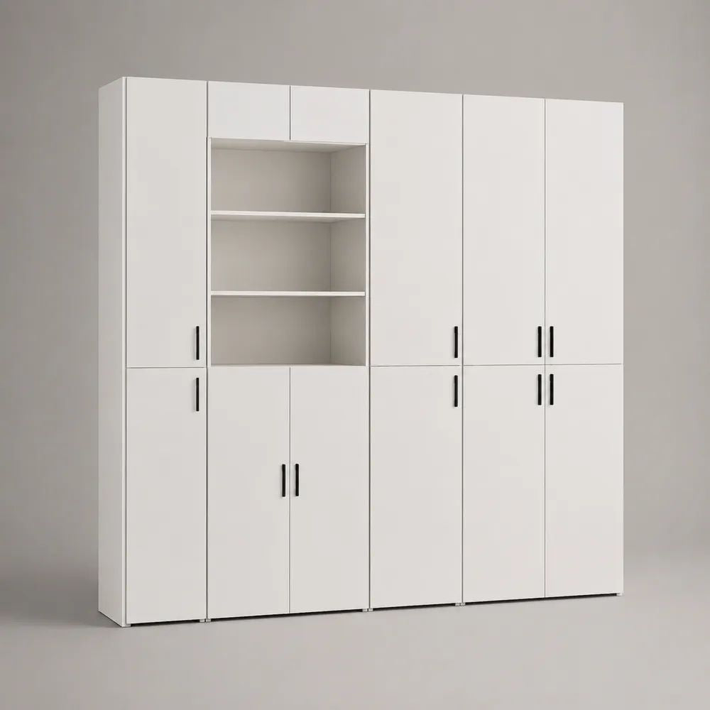 Credenza alta bianca e nera con 10 ante e 3 vani a giorno, in truciolare melaminico, 240 × 40 × 220 cm