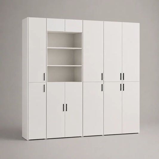 Credenza alta bianca e nera con 10 ante e 3 vani a giorno, in truciolare melaminico, 240 × 40 × 220 cm