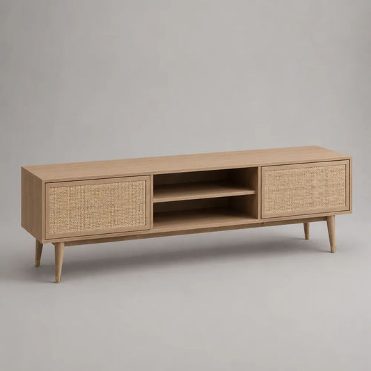 Mobile TV rettangolare in MDF impiallacciato frassino con 2 ante in rattan e ripiano centrale, Marrone naturale/Beige naturale, 160 x 40 x 60 cm