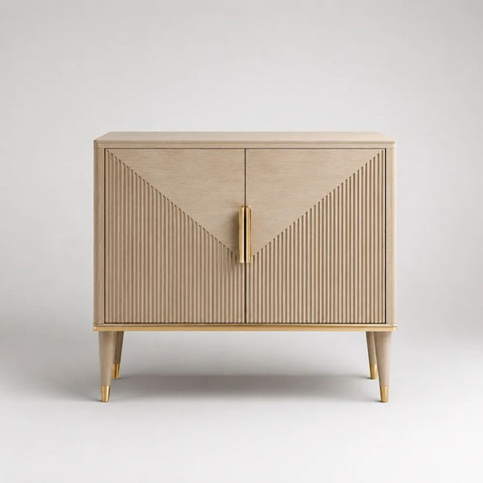 Credenza rettangolare a 2 ante in legno, MDF e metallo, Beige rovere/Ottone, 100 × 40 × 90 cm