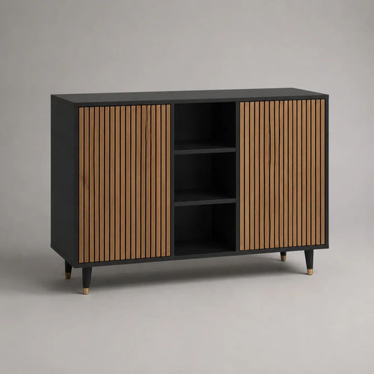 Madia credenza a 3 ante in legno con 3 vani aperti, nero e rovere, 120 × 40 × 90 cm
