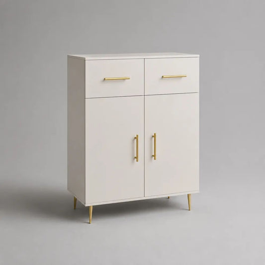 Credenza alta rettangolare a 2 ante e 2 cassetti in MDF e acciaio, bianco e oro, 80 x 40 x 110 cm
