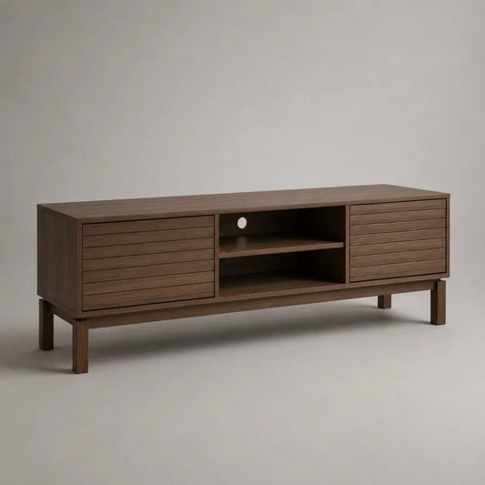 Mobile TV basso rettangolare in MDF impiallacciato in noce con 2 ante e 2 vani aperti, marrone noce, 160 x 40 x 60 cm