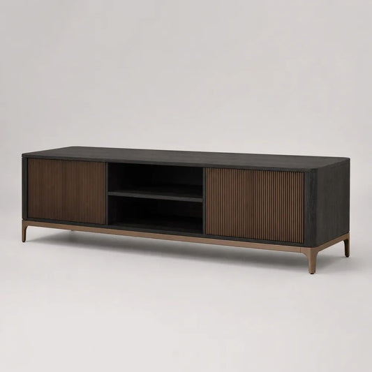 Mobile TV basso rettangolare in MDF con 2 ante scanalate, 2 vani aperti, nero, marrone noce e bronzo, 160 x 40 x 58 cm