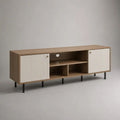 Mobile porta TV rettangolare in legno con 2 ante e 3 vani aperti, rovere naturale, bianco e nero, 180 × 40 × 70 cm