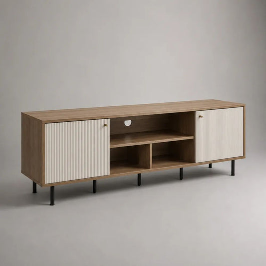 Mobile porta TV rettangolare in legno con 2 ante e 3 vani aperti, rovere naturale, bianco e nero, 180 × 40 × 70 cm
