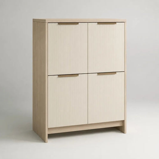 Credenza alta rettangolare a 4 ante in legno beige e rovere chiaro, 90 x 40 x 120 cm