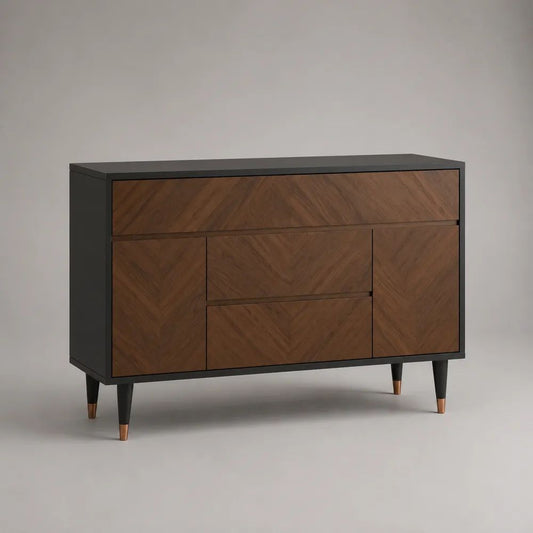 Credenza rettangolare in MDF impiallacciato noce con 3 cassetti e 2 ante, nero, marrone noce e rame, 120 x 40 x 90 cm
