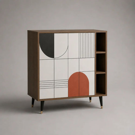 Credenza alta rettangolare in MDF impiallacciato noce con 2 ante e 3 vani aperti, noce, bianco, nero e terracotta, 100 × 40 × 110 cm