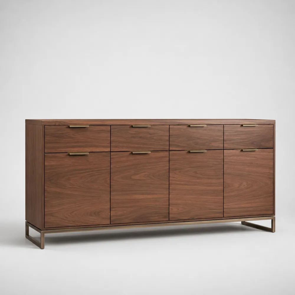 Credenza rettangolare in legno MDF impiallacciato noce con 4 ante, 4 cassetti e base in acciaio bronzo, 180 x 45 x 90 cm