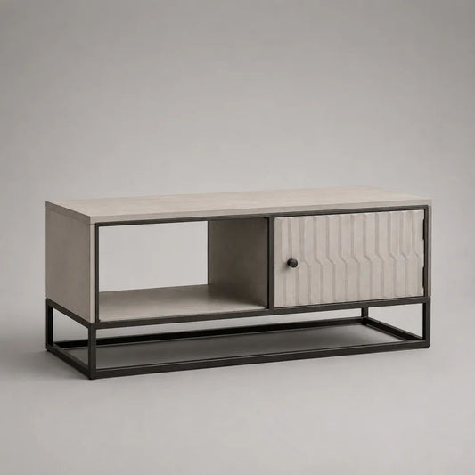 Mobile basso porta televisore rettangolare in MDF melaminico e acciaio con anta e ripiani, grigio chiaro e nero, 120 x 40 x 55 cm