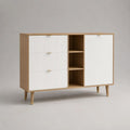Credenza in MDF e truciolare bianca e rovere naturale, con 3 cassetti, 1 anta e 3 vani, 120 x 40 x 85 cm