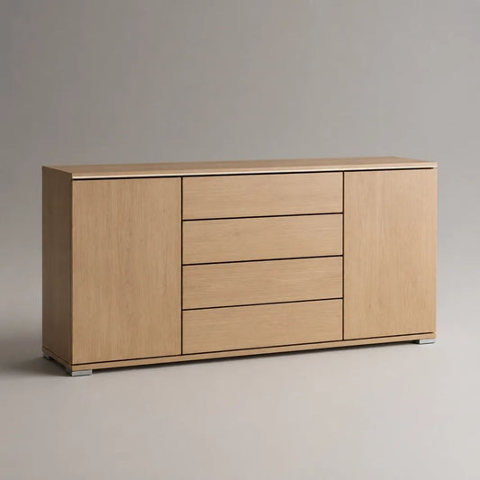 Credenza rettangolare in MDF impiallacciato effetto rovere naturale con 2 ante e 4 cassetti, 160 × 40 × 80 cm