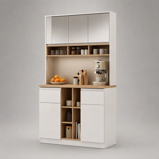 Mobile dispensa da cucina in legno bianco e rovere naturale con 7 ante, 3 specchi, piano di lavoro e vani aperti, 100 x 40 x 180 cm