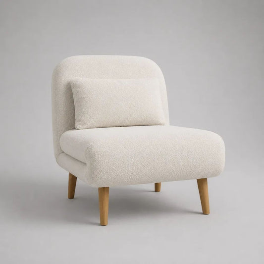 Poltrona relax senza braccioli in tessuto avorio con cuscino lombare e gambe in legno, 78 x 75 x 82 cm