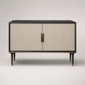 Credenza rettangolare a 2 ante in MDF e acciaio, beige, nero e ottone, 120 × 40 × 80 cm