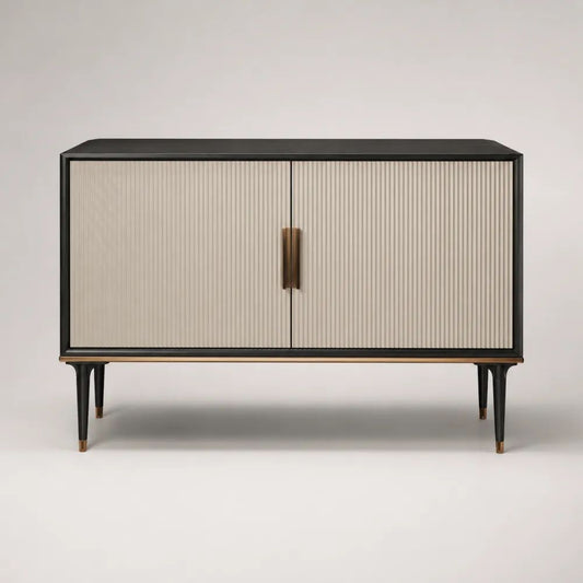 Credenza rettangolare a 2 ante in MDF e acciaio, beige, nero e ottone, 120 × 40 × 80 cm