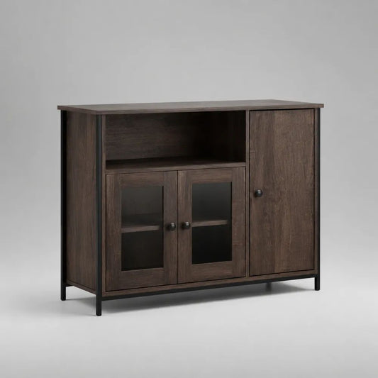 Credenza buffet rettangolare in legno, vetro e acciaio, Marrone scuro/Nero, 100 × 35 × 80 cm