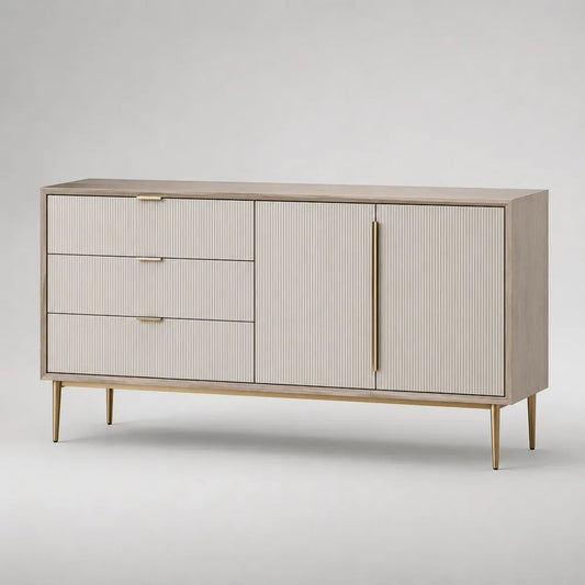 Credenza rettangolare in MDF beige e rovere chiaro con dettagli oro, 3 cassetti e 2 ante, 160 x 40 x 80 cm