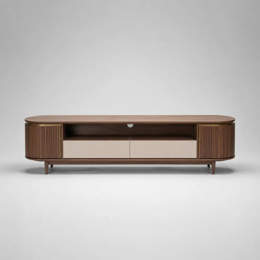 Mobile porta TV in MDF impiallacciato marrone noce e beige con 2 cassetti e 2 ante scanalate, 180 x 40 x 55 cm