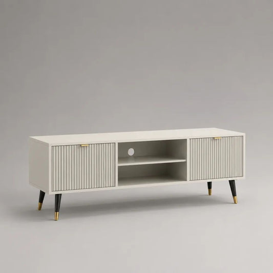 Mobile porta TV rettangolare in MDF bianco crema con 2 ante scanalate, 140 x 40 x 60 cm