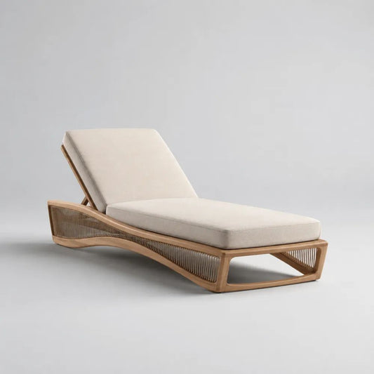 Lettino prendisole reclinabile in legno massello di acacia con corda e cuscini beige, 200 x 75 x 35-85 cm