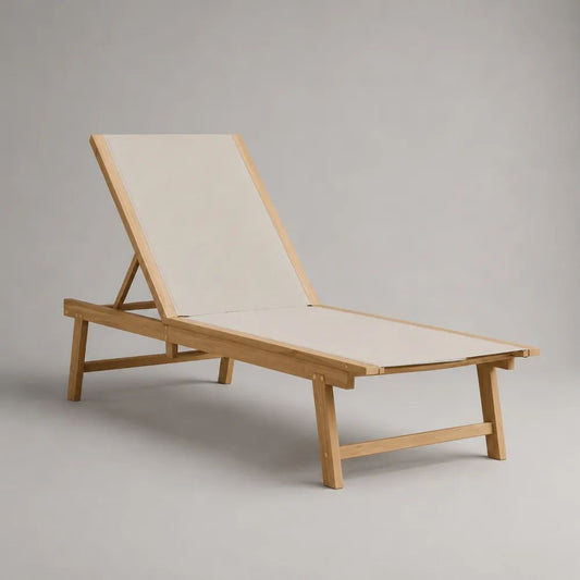 Lettino prendisole regolabile da esterno in legno massello di acacia e tessuto crema, 200 x 65 x 34 cm